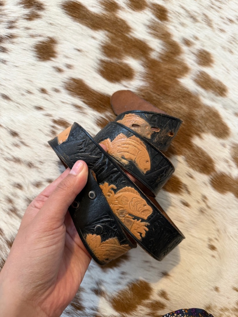 Black Leather Belt with Tan Fish Tooled Design